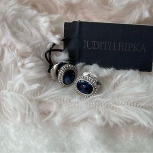 Judith Ripka Sanibel Silver Blue Sapphire Corundum Oval Studs